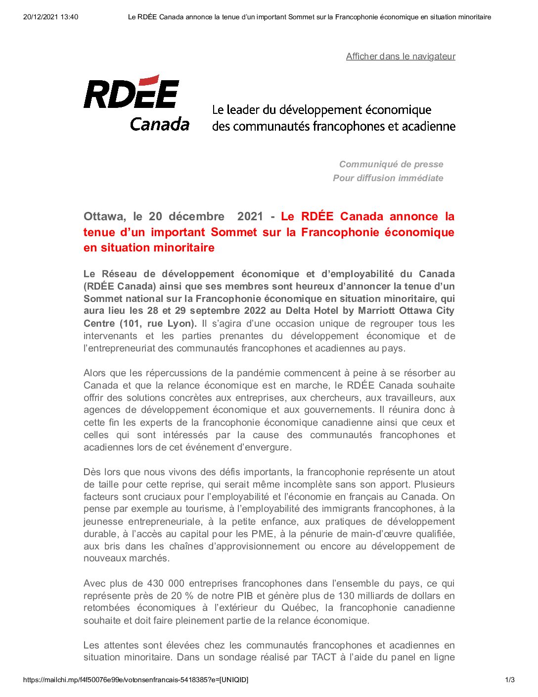 Communiqué de presse – RDÉE Canada annonce la tenue d’un Sommet sur la Francophonie économique