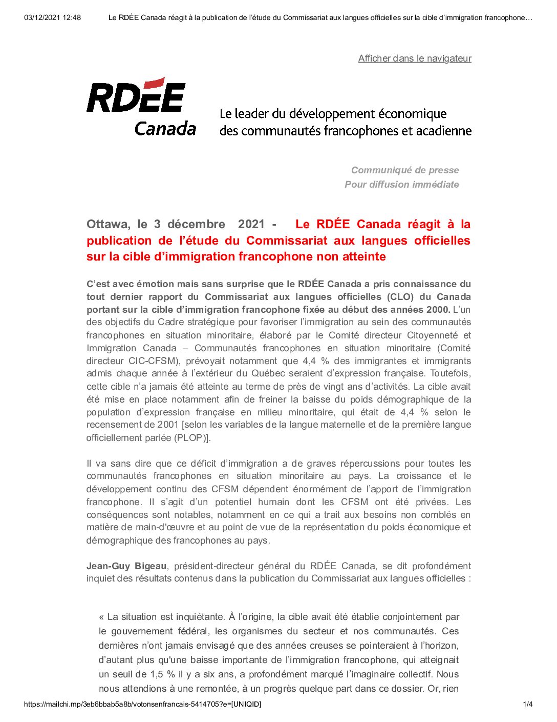 Communiqué de presse – Réaction du RDÉE Canada à l’étude sur l’immigration du Commissariat aux langues officielles